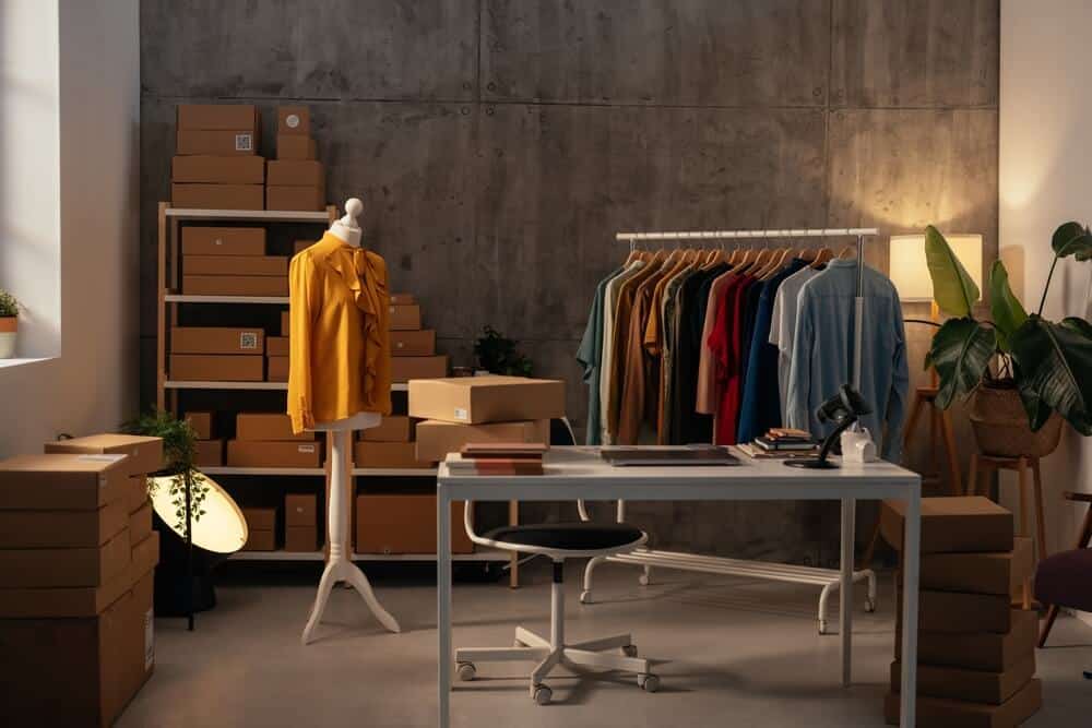 Fashion industry management warehouse with clothes.