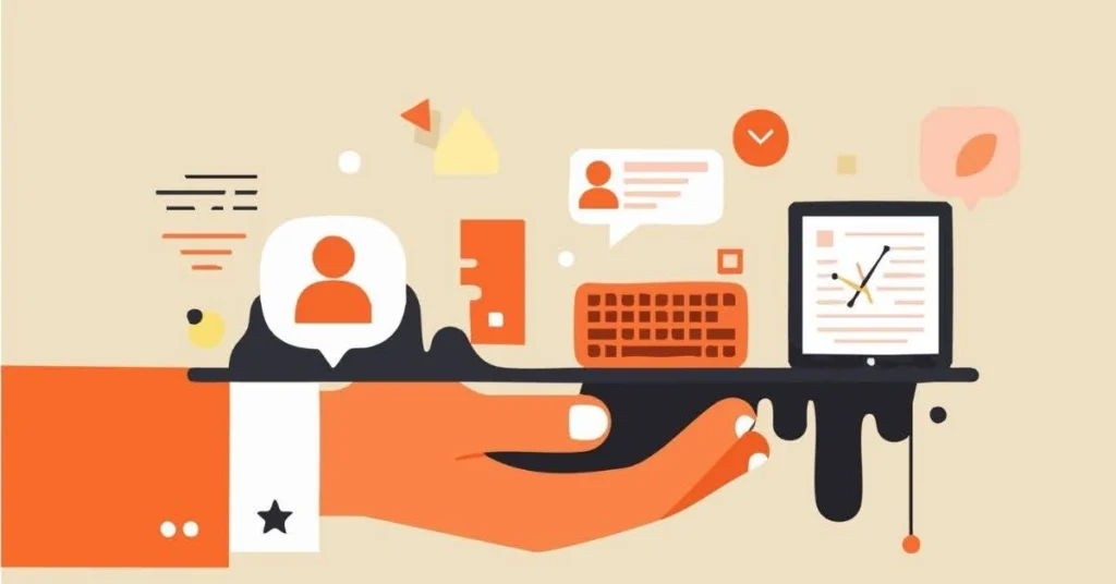 Illustrated hand holding digital tools, chat bubbles, and devices, representing Shopify Product setup and ecommerce management.