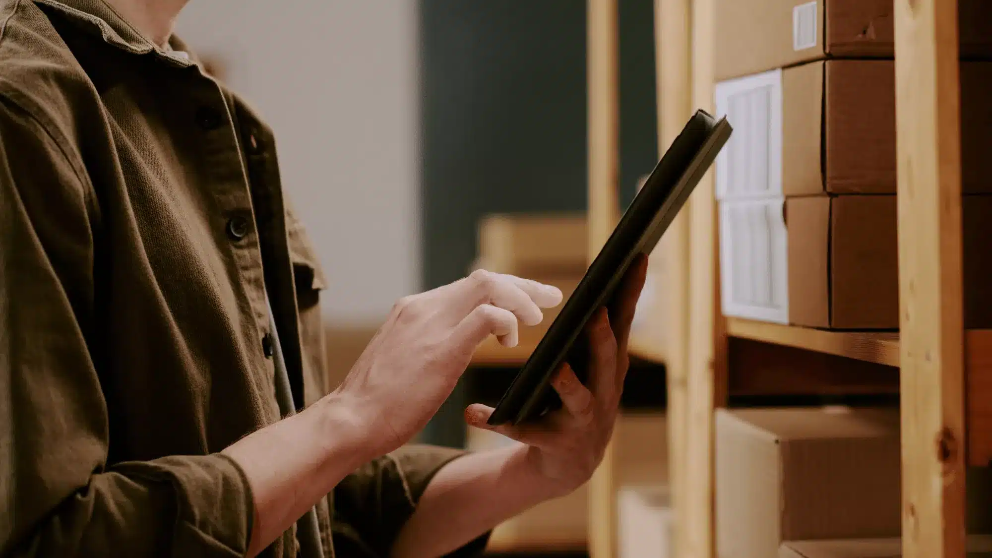 Fulfillment center vs warehouse inventory management with tablet scanning and tracking stored products on shelving units