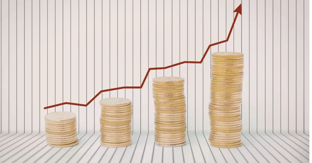 Product research market validation concept showing profit growth analysis and stacked coins representing unit economics evaluation