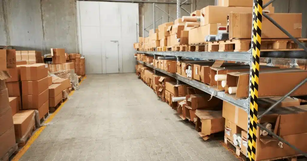 Fulfillment center vs warehouse storage layout with pallets and organized inventory in a large warehouse facility