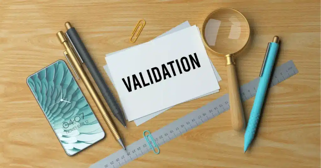 Product research market validation process with validation notes, tools, and magnifying glass used to test product demand