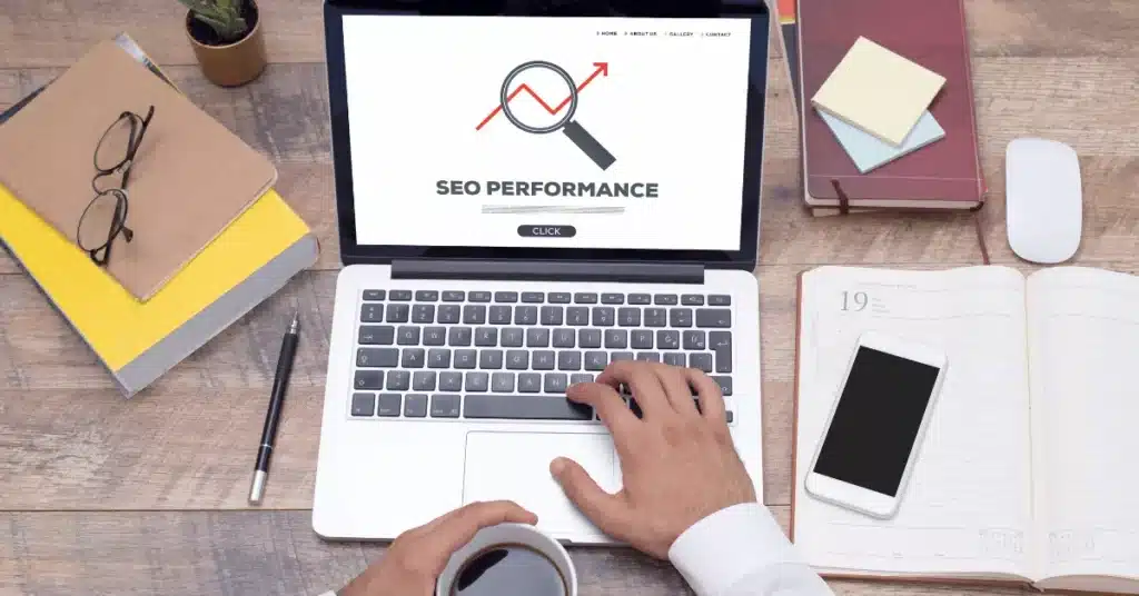 Product SEO strategy analysis displayed on laptop showing search performance metrics and keyword optimization planning